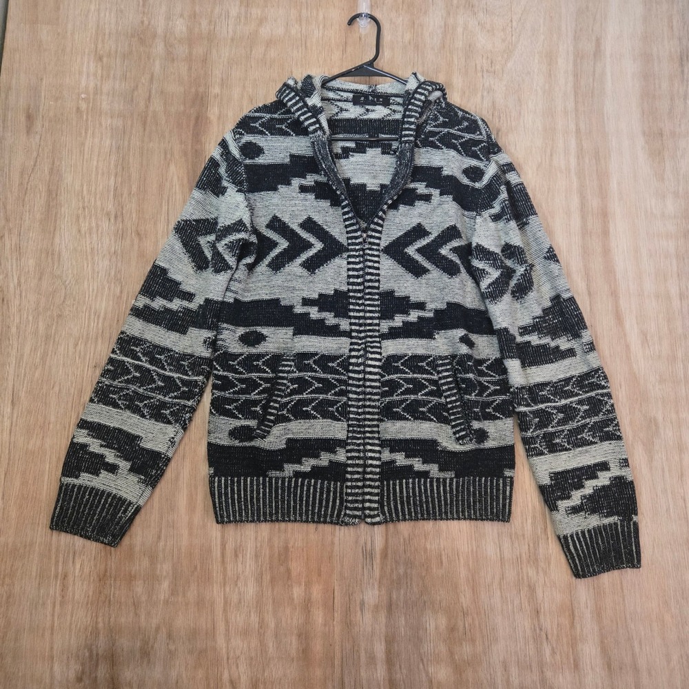 21 Men Southwestern Tribal Full Zip Hooded Cardigan Sweater Black XL